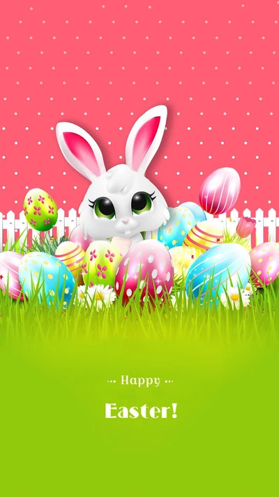 Colorful Easter scene featuring a cute rabbit surrounded by decorated eggs and vibrant grass, set against a cheerful pink polka dot background.