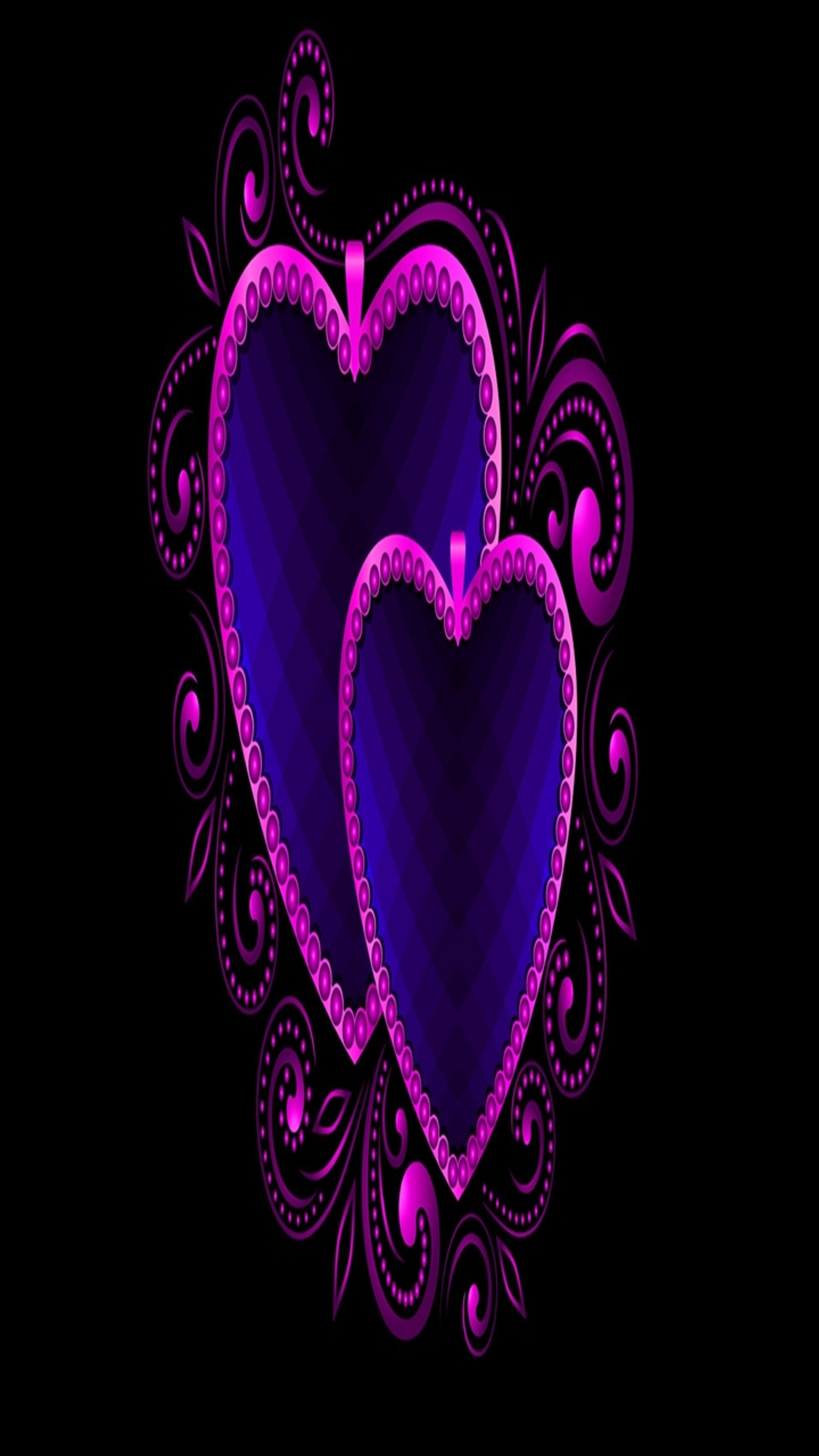 Two purple hearts with a black background and a purple background (blue, design, flirty, good, heart)