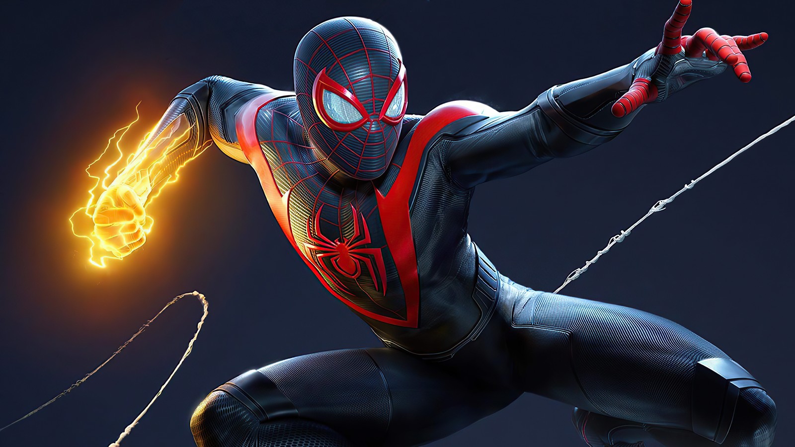 Spider-man en un costume noir avec une lumière jaune brillante (marvels spider man miles morales, playstation 5, jeux de 2021, spiderman, jeux)