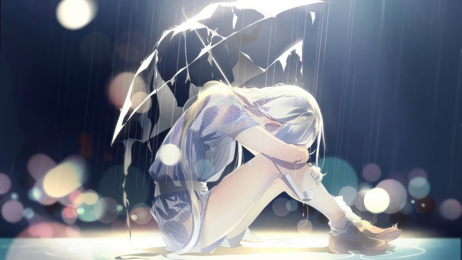 anime girls, anime, lonely, umbrella, raining wallpaper