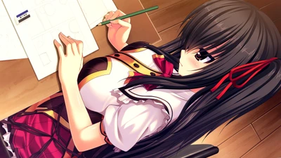 Anime character with long brown hair in a hime cut, wearing a uniform, working on illustrations at a desk under a starry sky.