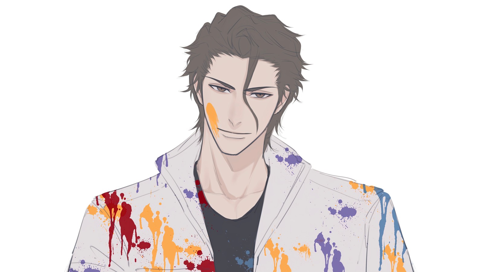 Un cartoon de un hombre con una chaqueta salpicada de sangre (sosuke aizen, 5k, bleach, minimalista, cosechador de almas)