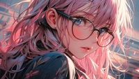 Anime girl with pink hair and glasses, featuring a captivating expression and intricate details.