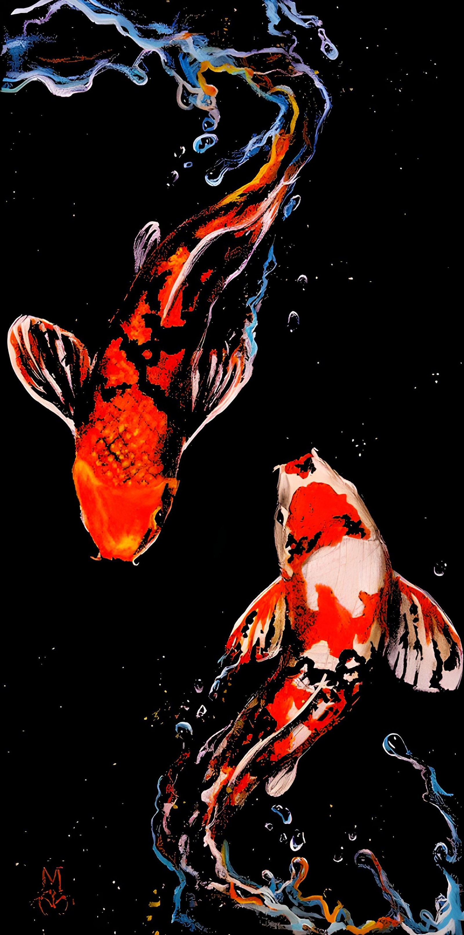 Peinture de deux poissons koi nageant dans un étang (koi, poisson rouge, poisson, peinture, liquide)