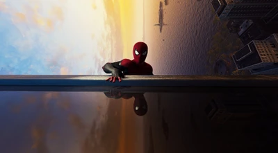 Spider-Man im Fotomodus vor einer atemberaubenden Sonnenuntergangs-Skyline