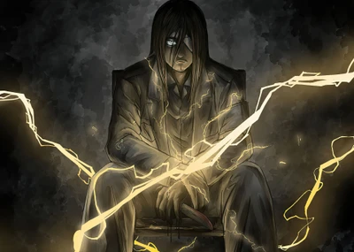 Eren Yeager Surrounded by Lightning: A Dark Anime Portrait