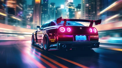 Nissan Skyline GT-R Racing Through a Neon Cityscape