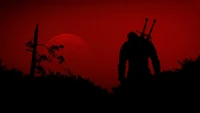 Silhouetted figure against a blood-red sky, evoking the dark fantasy of "The Witcher.