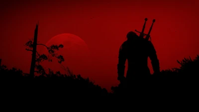 Silhouette d'une figure contre un ciel rouge sang, évoquant la sombre fantaisie de "The Witcher".