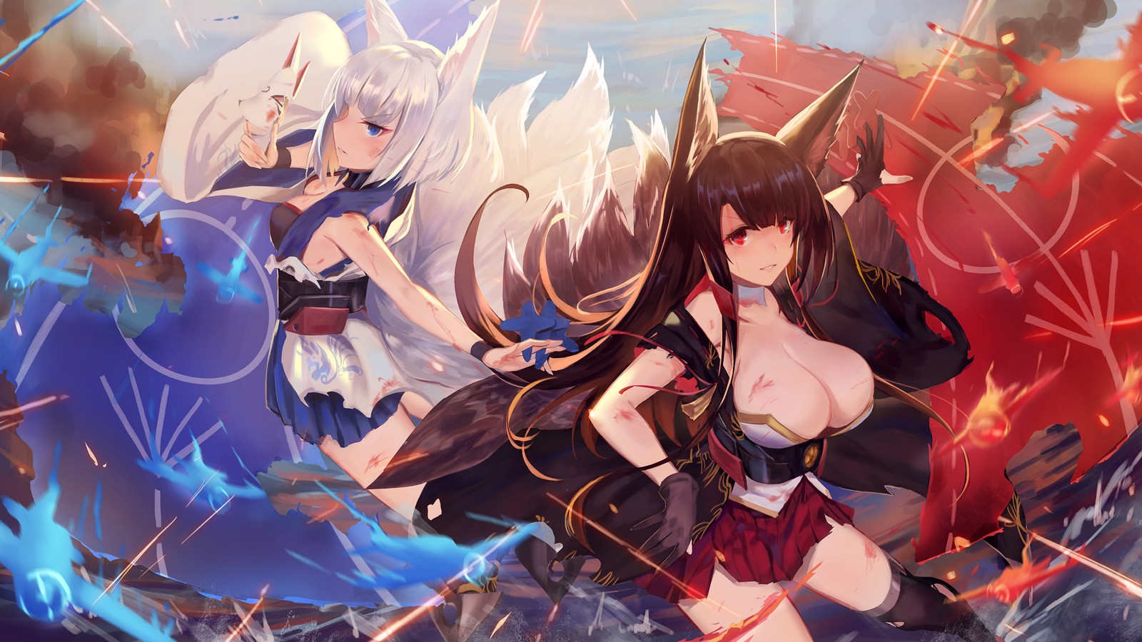 Deux filles anime aux longs cheveux noirs se tiennent devant un fond rouge et bleu (filles danime, azur lane, jeu vidéo, kaga, akagi)