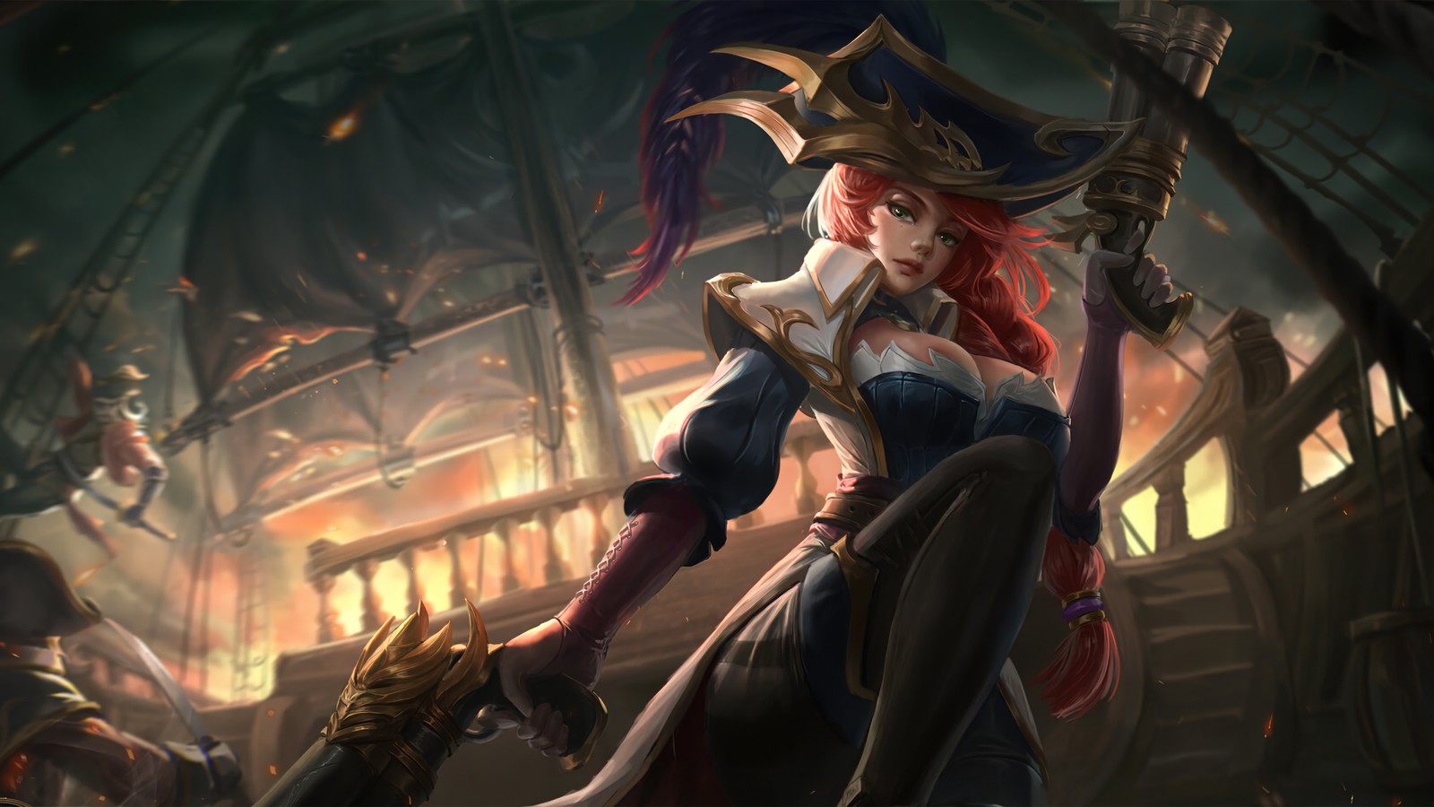 Una mujer vestida de pirata sosteniendo una espada y una espada (miss fortune, league of legends, lol, videojuego)