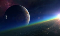 Majestätische planetarische Landschaft im Kosmos bei Tagesanbruch