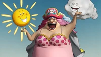 Big Mom, die fröhliche Piratenkönigin, interagiert fröhlich mit einer lächelnden Sonne und verspielten Wolken in einer lebhaften Szene aus One Piece Pirate Warriors 4.