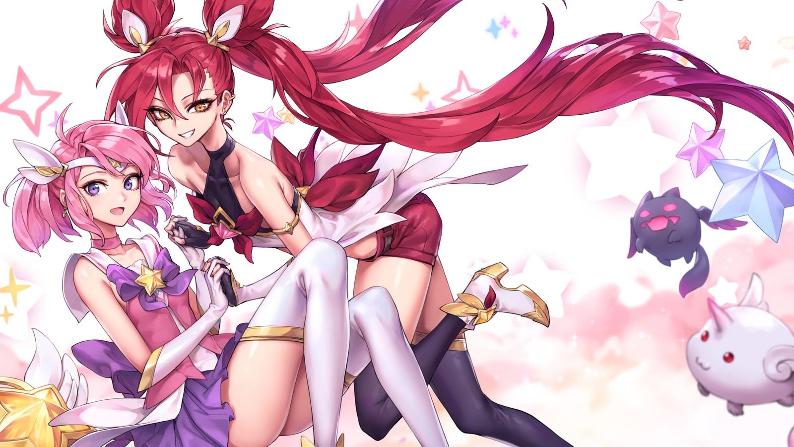 Deux filles anime aux longs cheveux rouges et aux bas blancs jouent ensemble (jinx, luxe, lol, jeu vidéo, league of legends)