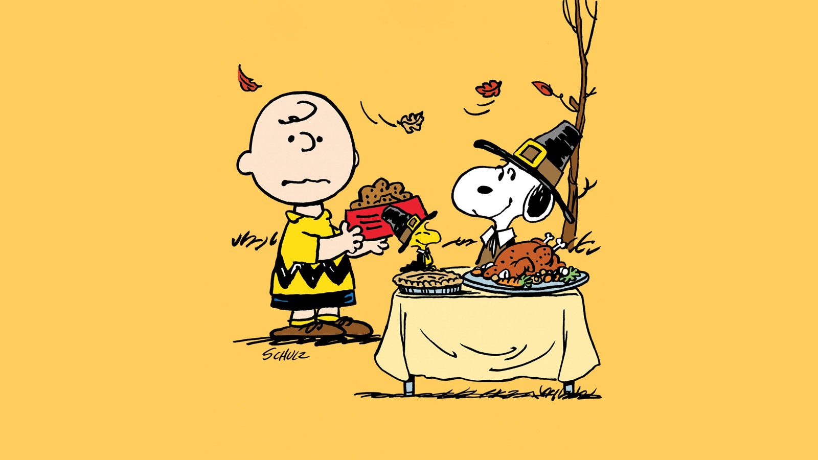 Una cena de acción de gracias de charlie y snoopy (cacahuetes, día de acción de gracias, charlie brown, snoopy, fondo amarillo)