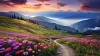 flower, field, mountain, landscape, scenery wallpaper