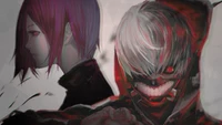 Dunkle Eleganz: Ken Kaneki und Touka Kirishima in einer blutroten Anime-Ästhetik