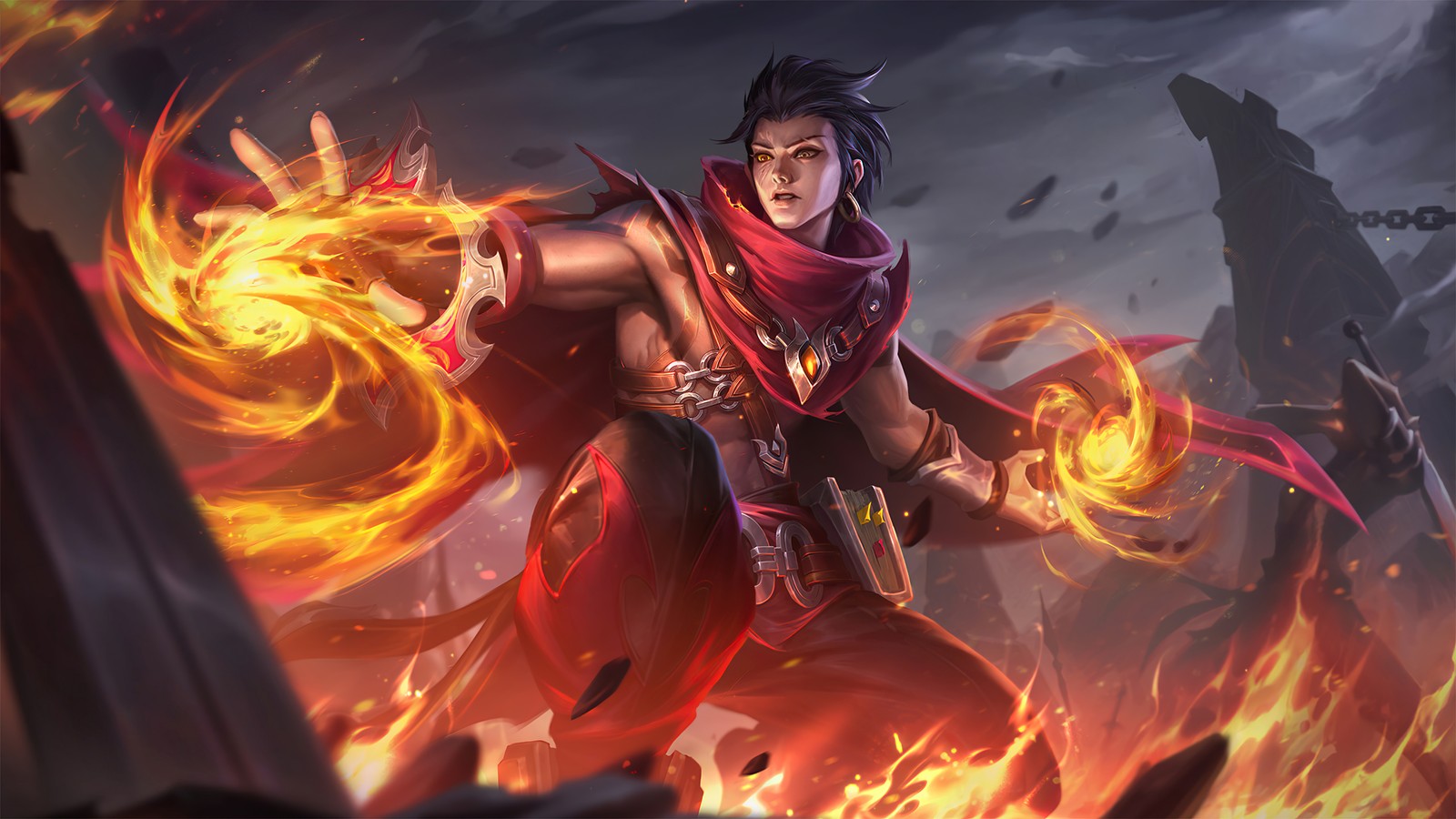 Un homme avec une épée et une cape rouge se tenant devant un feu (valir, flamme pâle, peau, mobile legends, bang bang)