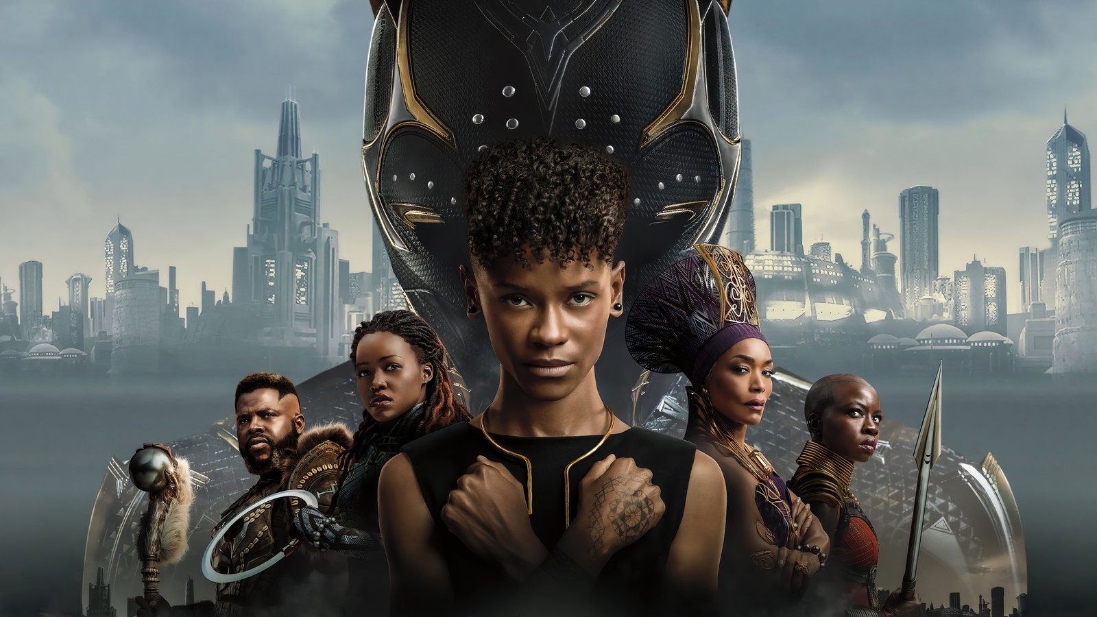 A poster of black panther with a group of people in the background (black panther wakanda forever, movie, black panther 2, 2022, marvel)