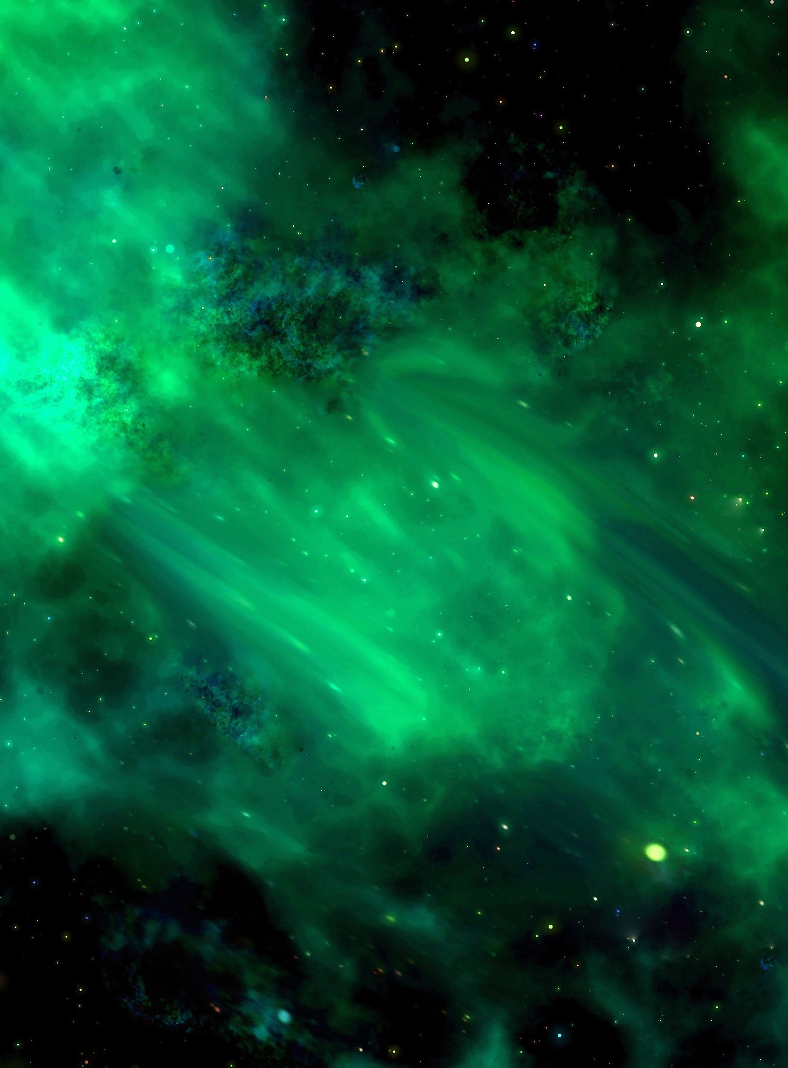 A close up of a green and black galaxy with stars (universe, star, green, nature, nebula)