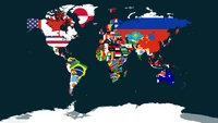 Mapa mundial ilustrado con banderas de naciones