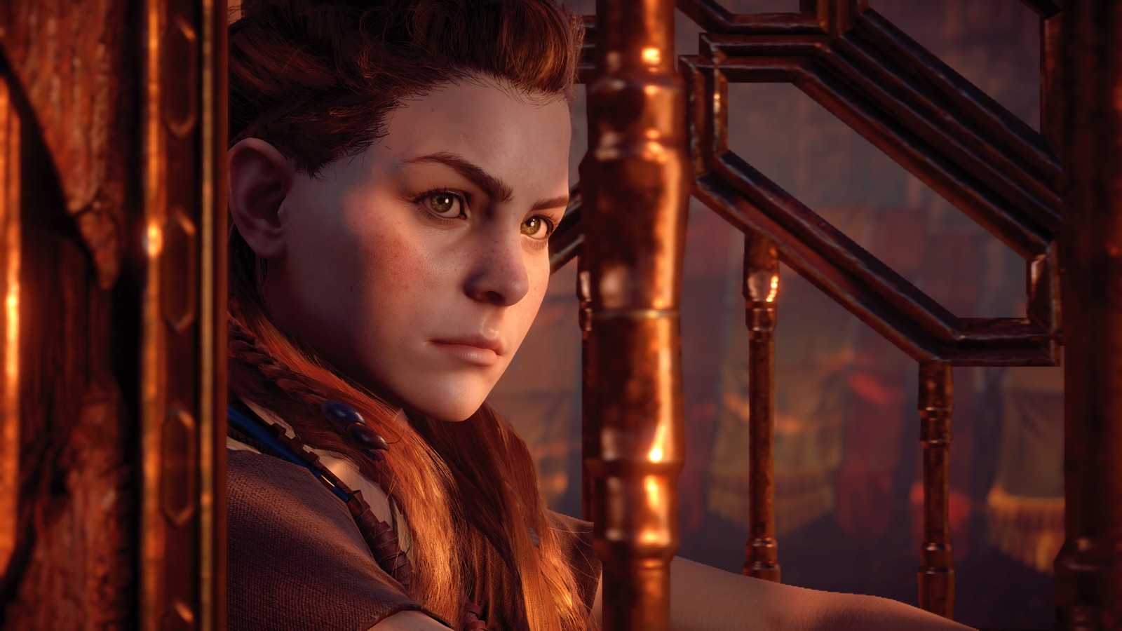 Женщина с длинными волосами и коричневой рубашкой смотрит из окна (элой, aloy, playstation 4, котака, kotaku)