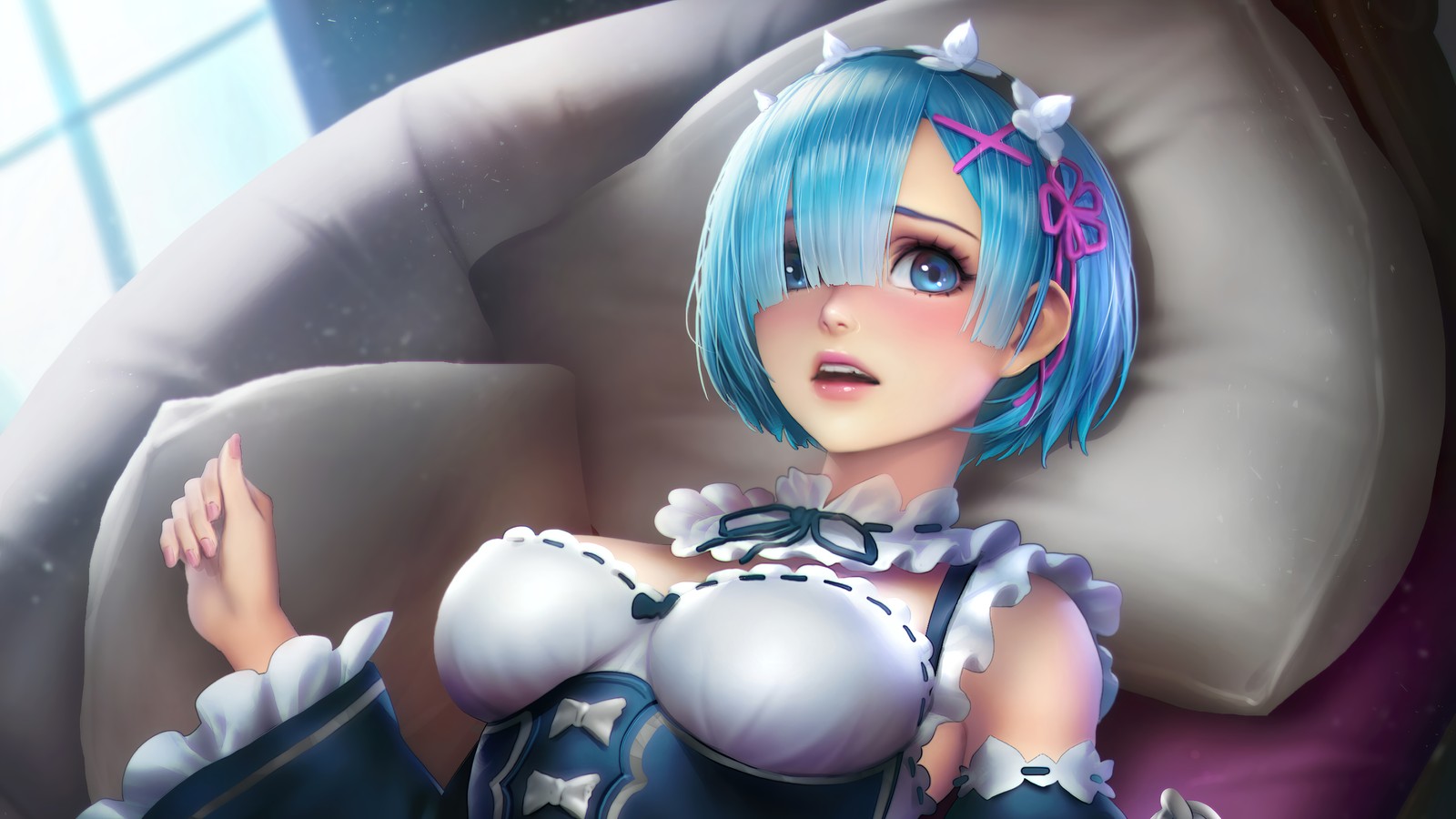 Nahaufnahme einer frau in einem kleid, die auf einem stuhl sitzt (anime mädchen, dame, rem, re zero, anime)