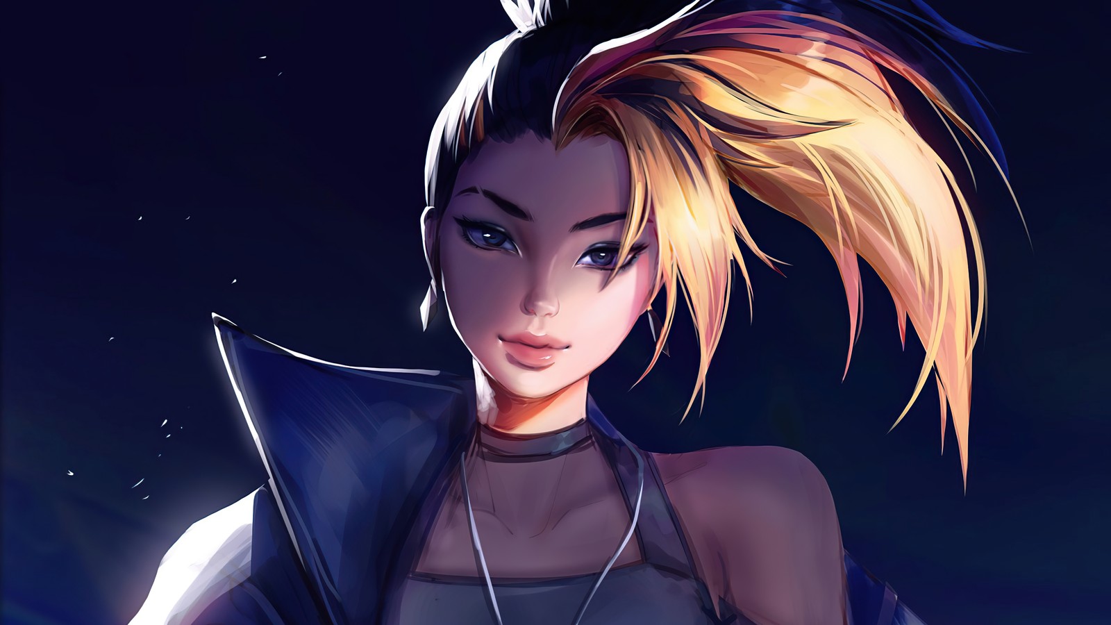 Une femme avec des cheveux blonds et une veste noire tenant un couteau (kda, akali, le plus mauvais, lol, league of legends)