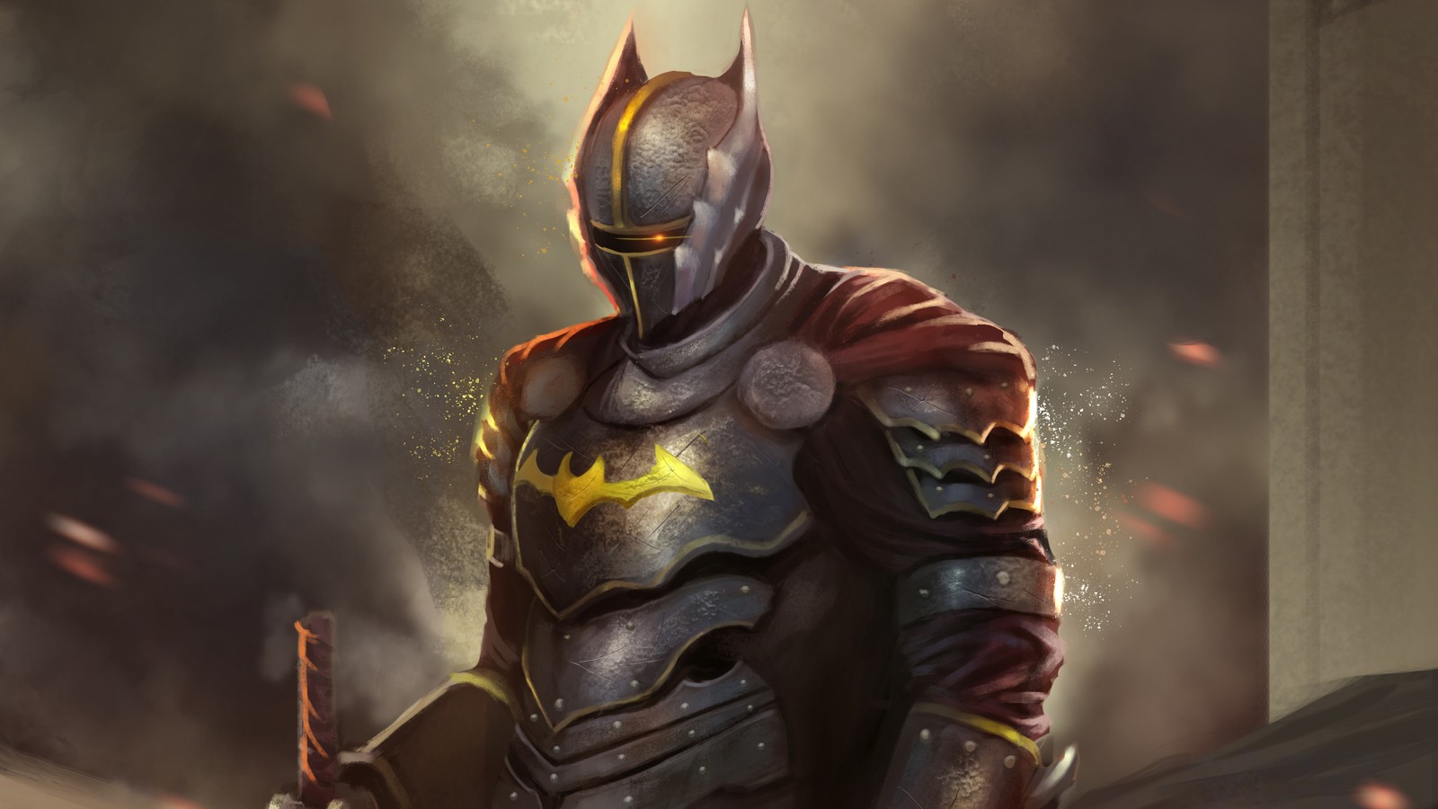 Batman en armure avec une chauve-souris sur son épaule (batman, dc comics, art, super héros, univers dc)