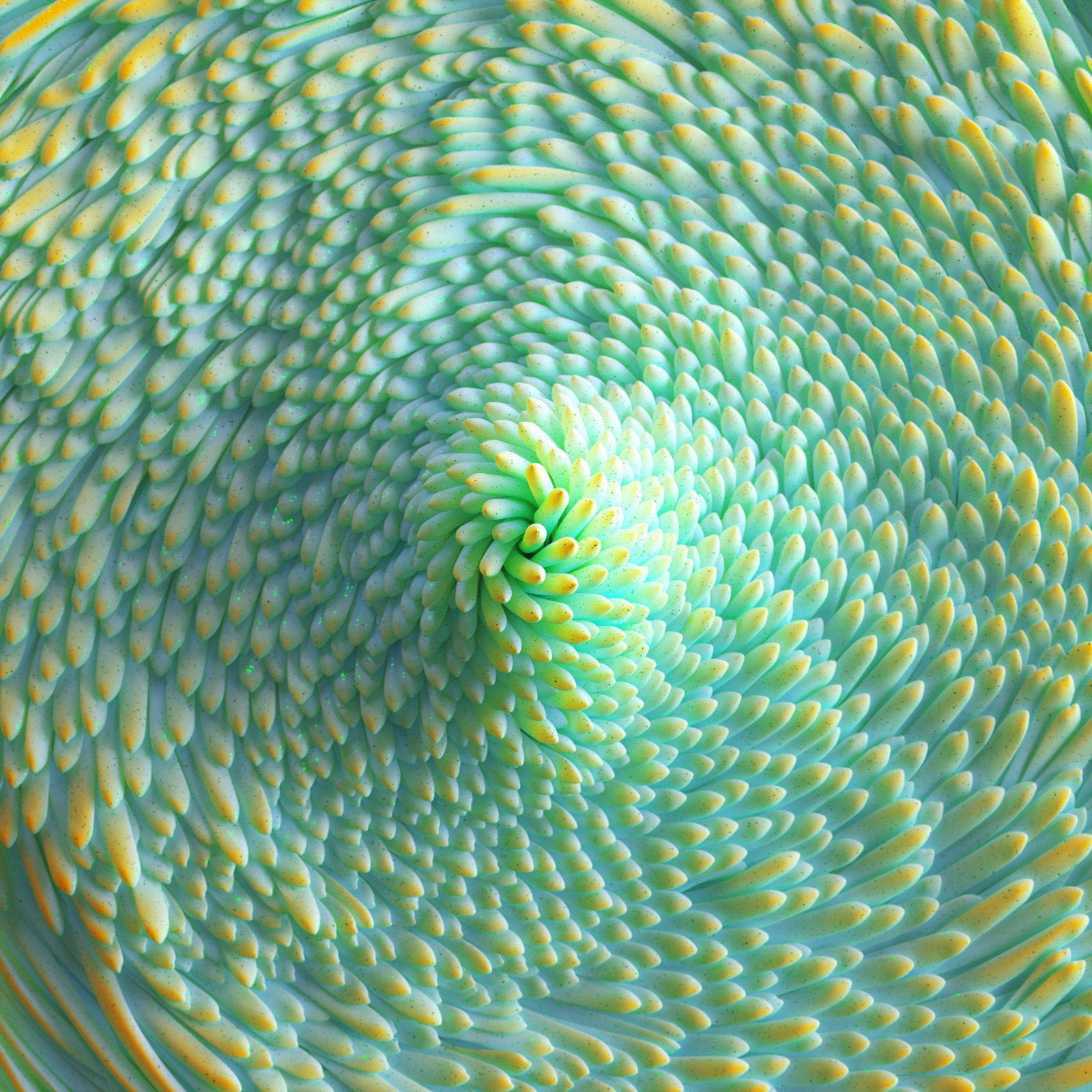 Il y a une fleur verte dans un motif en spirale sur une table (texture, rendu, vert, 3d, abstrait)