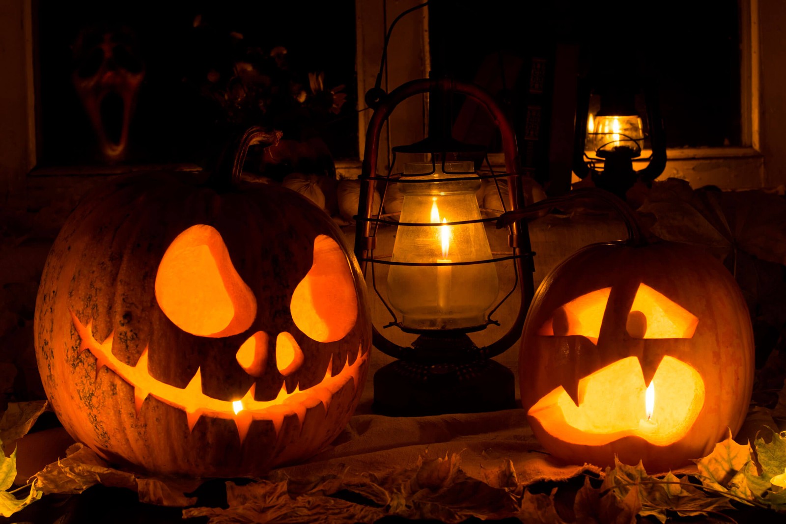 Two carved pumpkins with faces and a lantern lit up (calabaza, cucurbita, pumpkin, heat, carving)