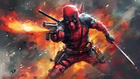 Deadpool in action, firing a gun amidst explosive chaos.