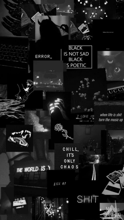 Aesthetic collage of black and white images featuring abstract art, text, and moody visuals, capturing themes of chaos, emotion, and introspection.