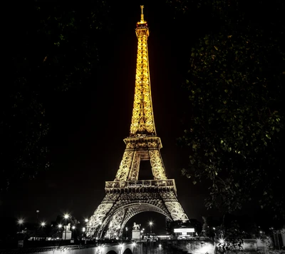 Torre Eiffel dorada iluminada por la noche en París