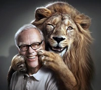 Joyful Bond: Man Smiling with a Lion