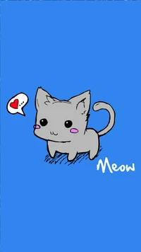 Cute Cartoon Cat with Heartfelt "Meow" on Blue Background