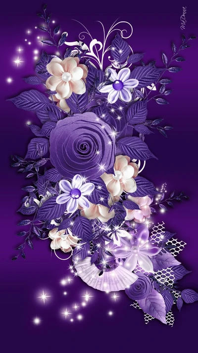 A stunning arrangement of purple flowers and elegant white blooms against a rich purple background, embellished with delicate leaves and sparkling accents.