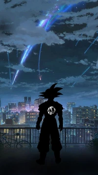 Goku regardant les étoiles filantes au-dessus du paysage urbain