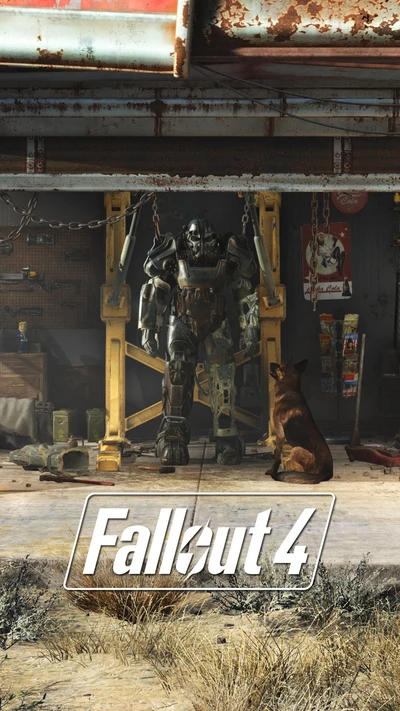 Un perro solitario se sienta al lado de un traje de armadura de poder en un garaje post-apocalíptico, encarnando el espíritu de supervivencia en Fallout 4.