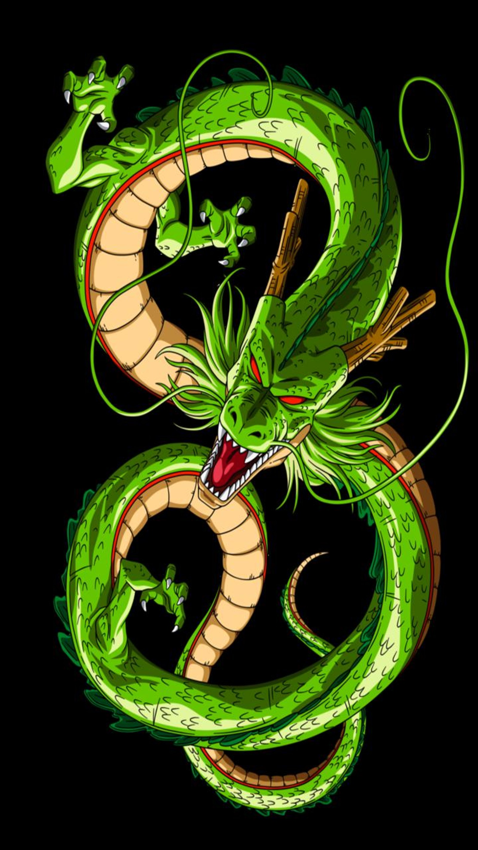 Dragon with green eyes and a red nose and tail (anime, dragon, dragonballz, shenlong)