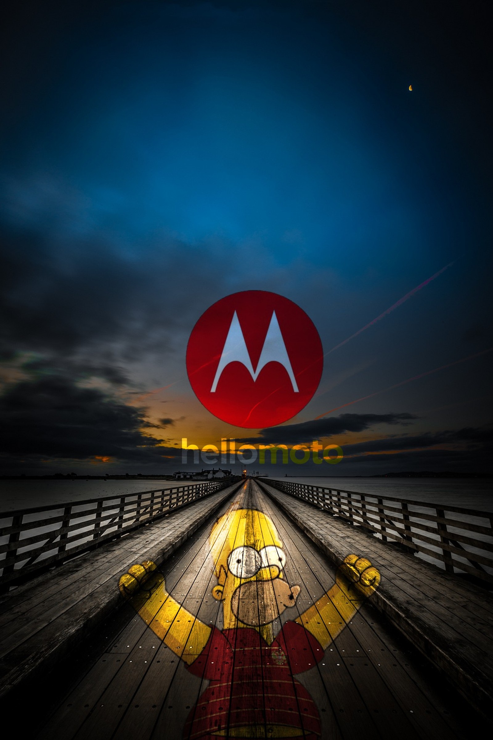 Uma imagem de um homem em um píer com o logotipo vermelho da motorola (homero, moto, natureza, tarde)