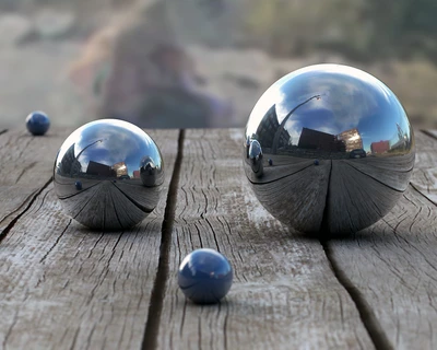 Reflections of Silver Spheres on a Wooden Surface