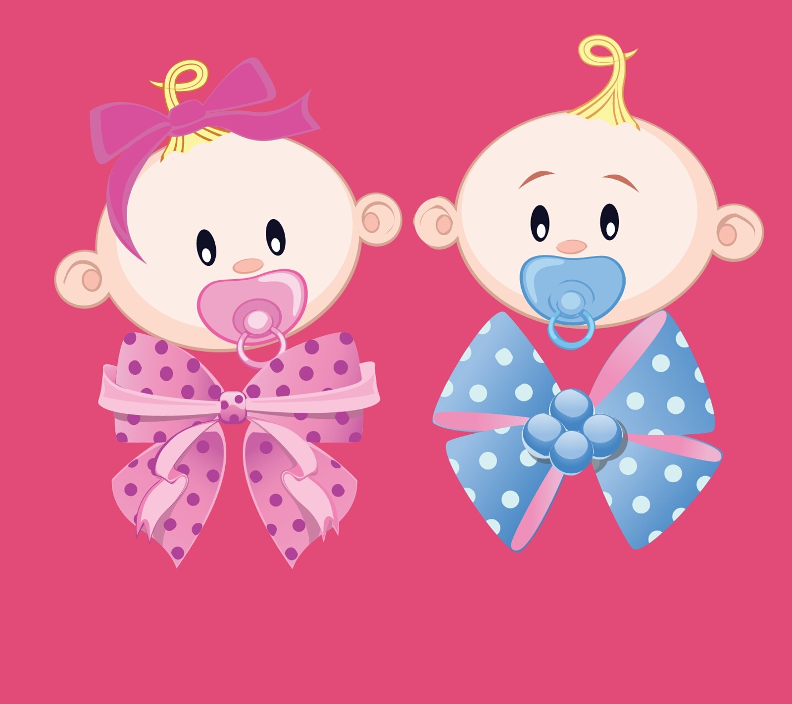 There are two babys with pacifiers on their heads (baby, faunny, pink)