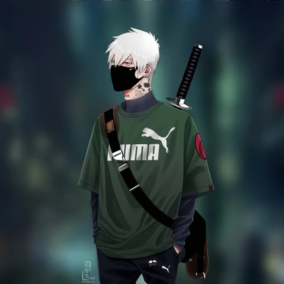 Kakashi em roupas da Puma com uma espada e uma máscara