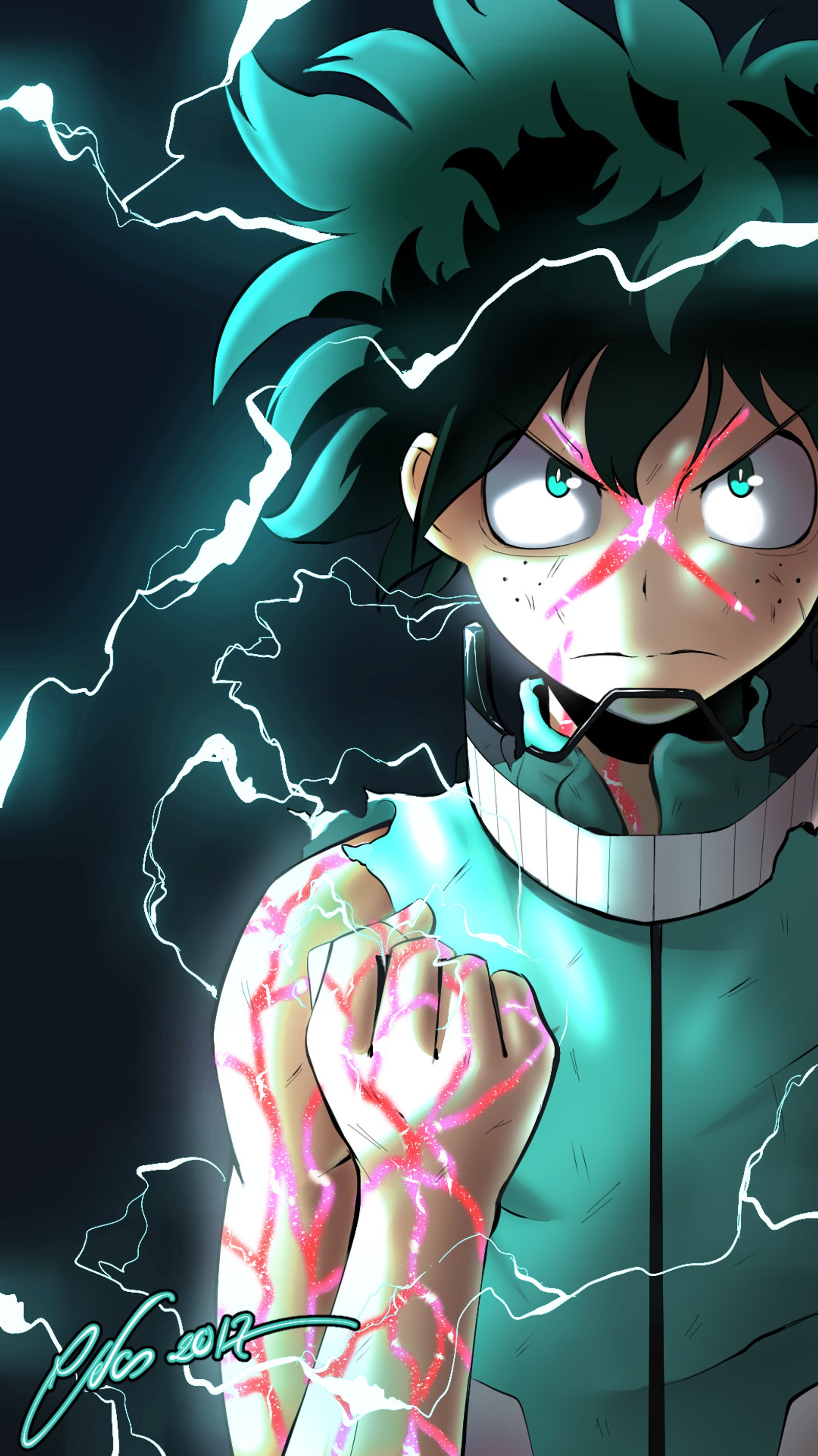 Personaje de anime con rayos de fondo (academia, anime, boku, deku, héroe)