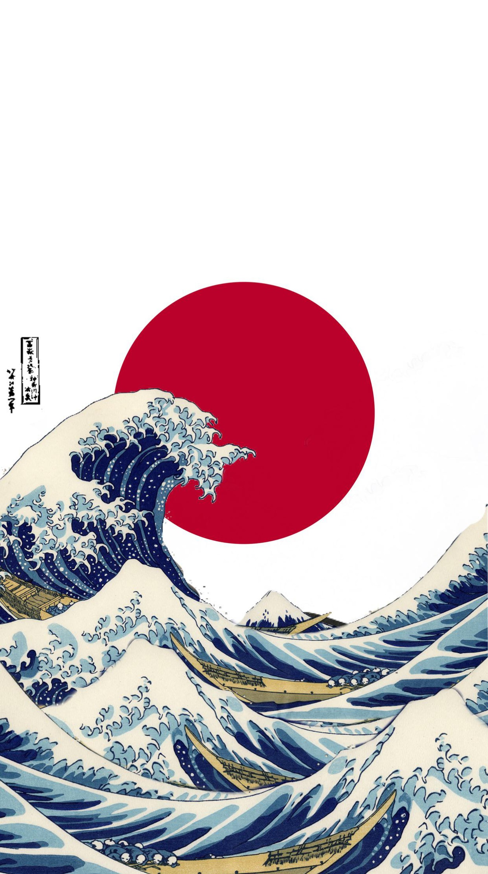 Arafed image of a wave with a red sun in the background (flag, japanese, wave)