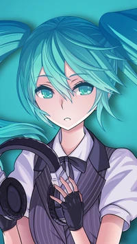 Personnage d'anime avec des cheveux turquoise et des écouteurs, portant un costume élégant.