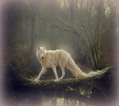 Majestuoso lobo blanco posado sobre un tronco cubierto de musgo en un bosque sereno.