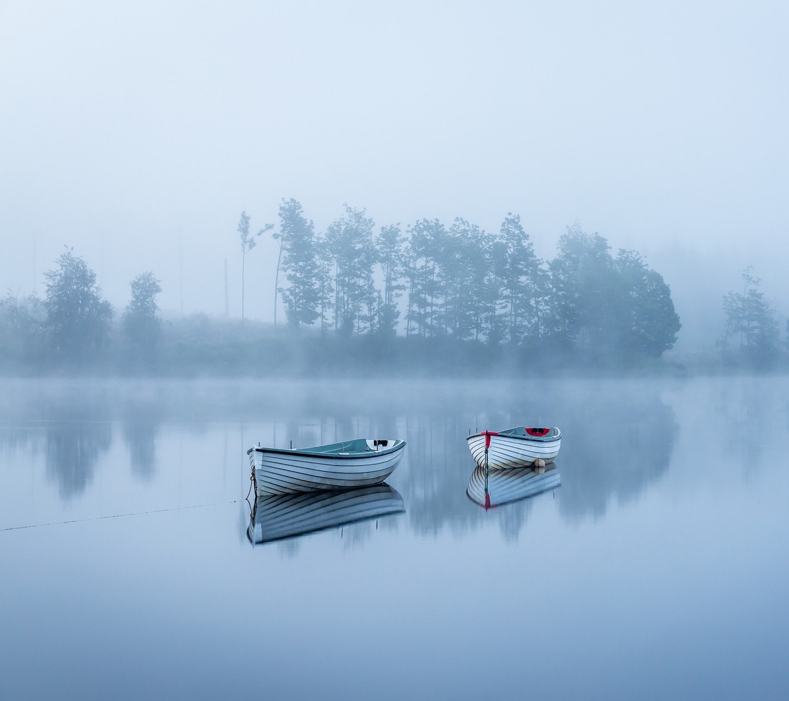 Il y a deux bateaux flottant sur un lac dans le brouillard (abej, beograd, brume, matin)