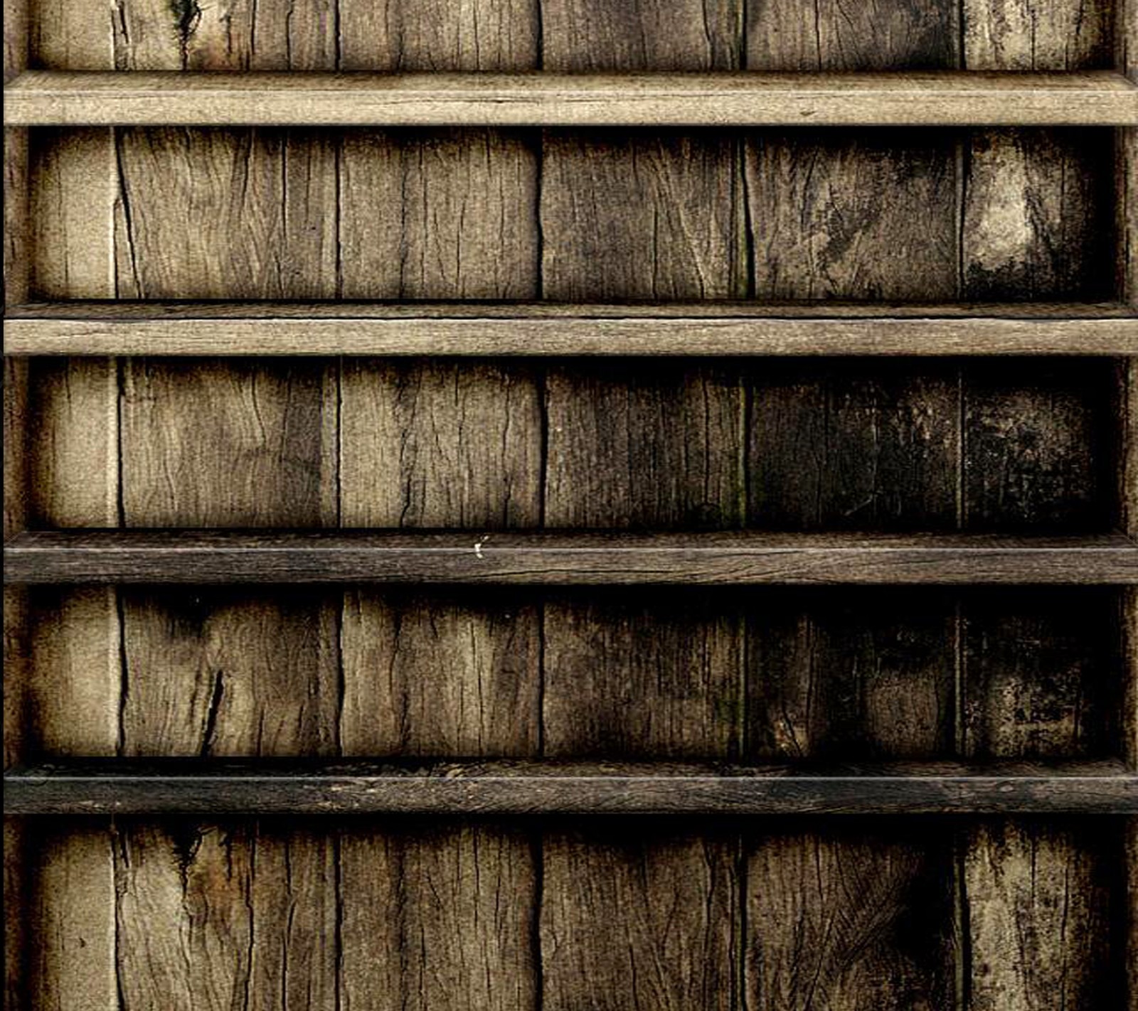 There is a wooden shelf with several shelves on it (3d, abstract, hd, old, wallpaper)